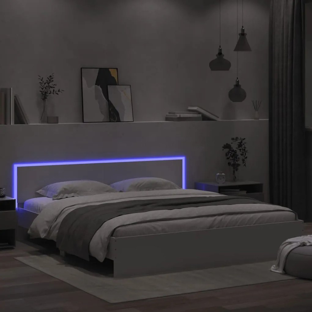 Estrutura de cama com cabeceira e luzes LED 200x200 cm branco