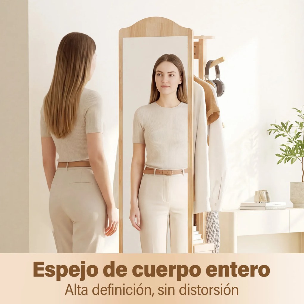 Espelho giratório 3 em 1 com cabideiro, estantes e ganchos – organizador para quarto – 48 x 168 cm – cor Natural