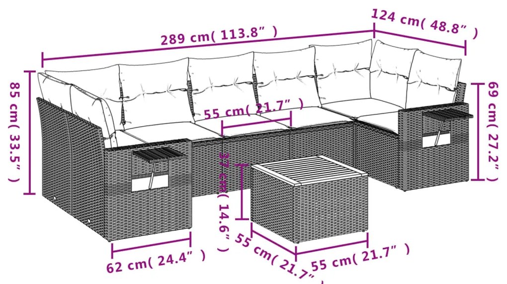 8 pcs conj. sofás jardim c/ almofadões vime PE bege misturado