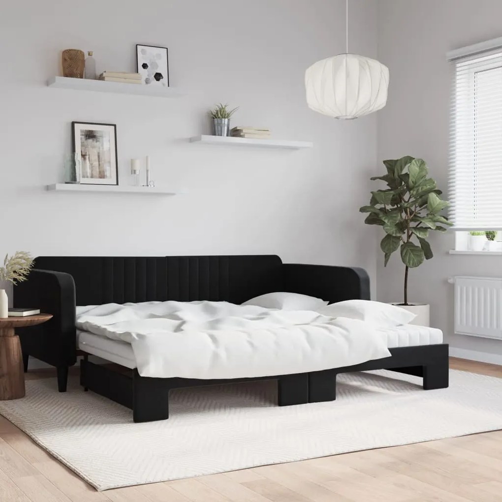 vidaXL Sofá-cama com gavetão e colchões 100x200 cm veludo preto
