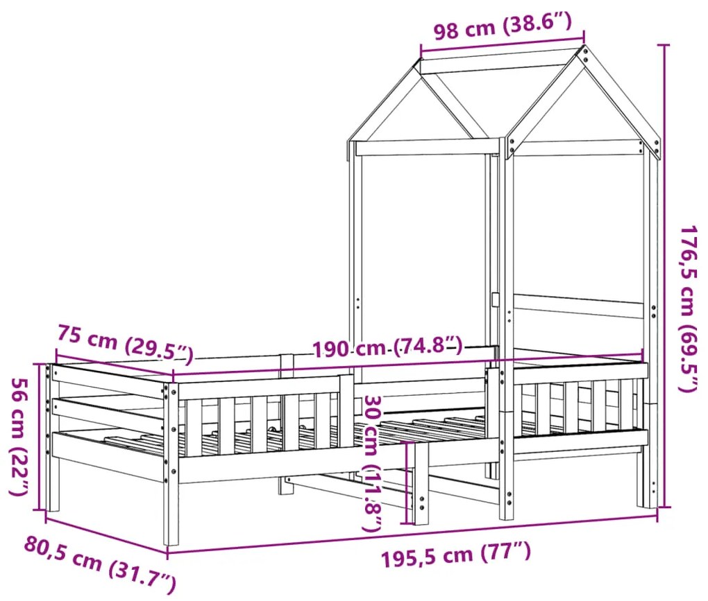 Estrutura de cama com telhado 75x190 cm madeira de pinho maciça