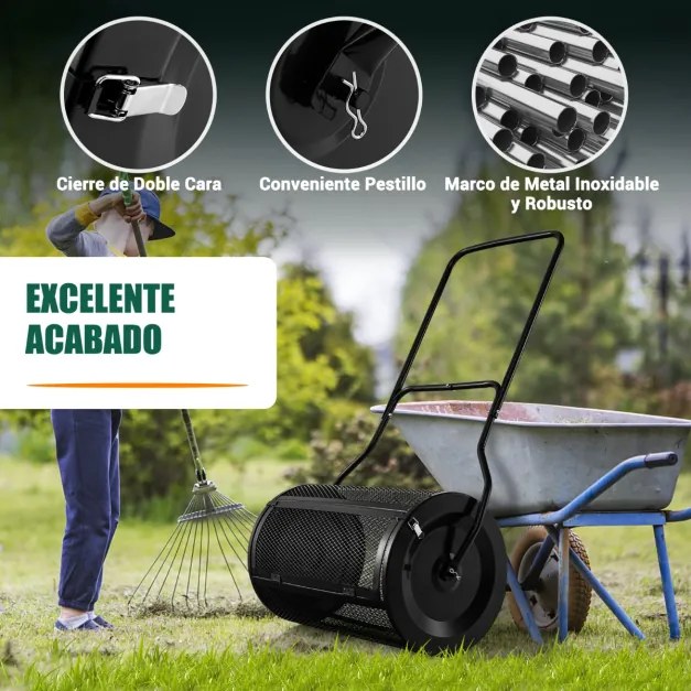 Rolo de Jardim de composto de 60,5 cm com pega em forma de U, fechos laterais e rolo de sementeira de malha metálica resistente Preto