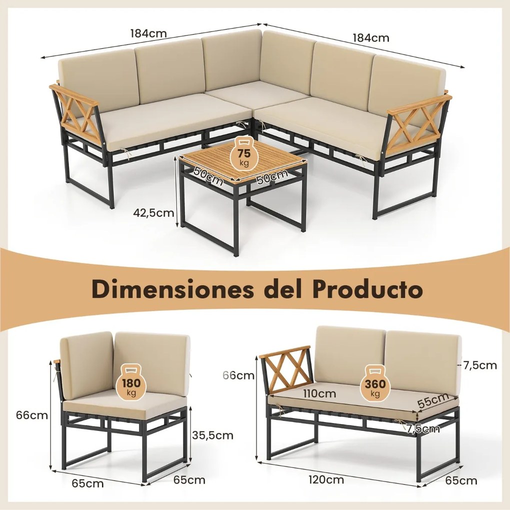 Conjunto Jardim de 4 sofás seccionais exteriores em L com Estrutura metálica, corda elástica e mesa de madeira de acácia bege