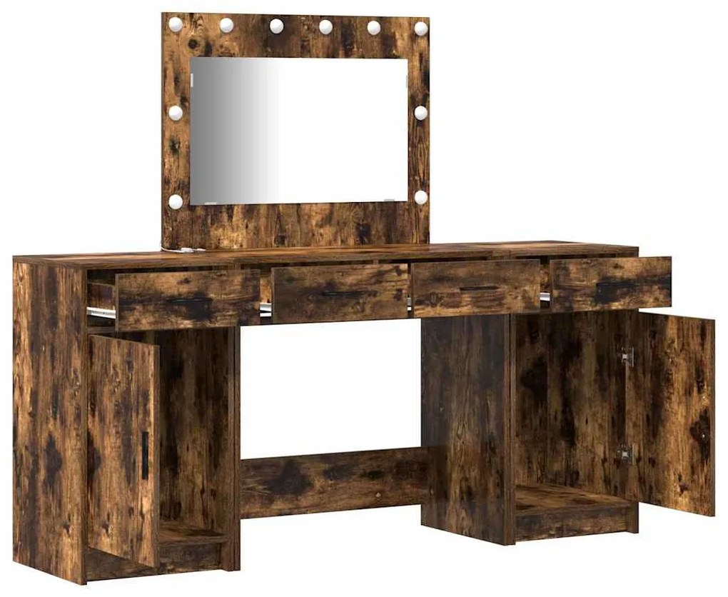 Conjunto de Mesa de Maquilhagem de 3 Peças com LED em Carvalhos Escuro