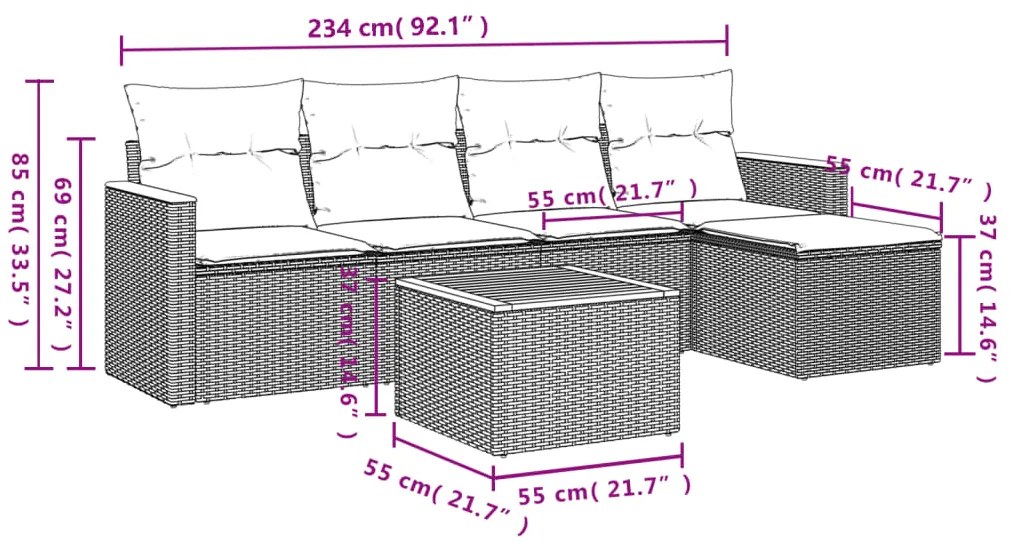 6 pcs conjunto sofás de jardim com almofadões vime cinzento