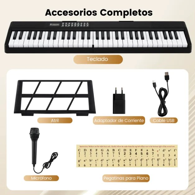 Teclado dobrável de 61 teclas com função Split 3 modos de ensino Microfone com alto-falantes duplos MP3 USB e MIDI 80 x 18,5 x 5,5 cm Preto