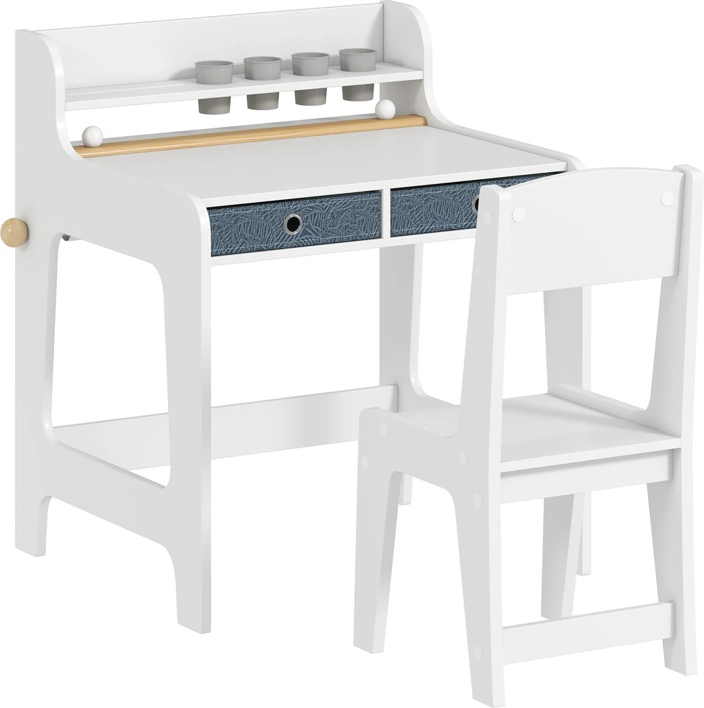 Secretária para Crianças com cadeira e com 2 Gavetas Extraíveis Estante e Porta-Copos para Estudar Ler e Desenhar e Cadeira Branco