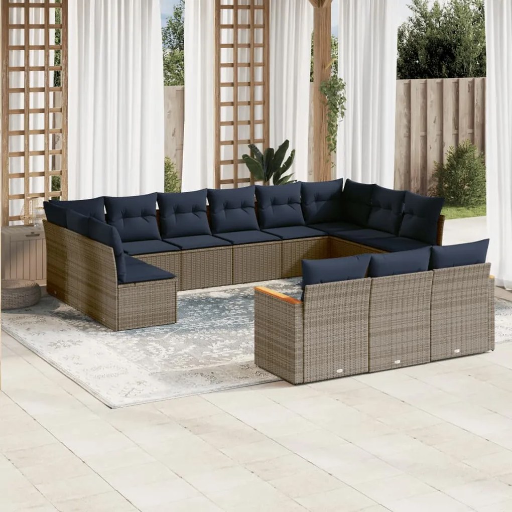 vidaXL 13 pcs conjunto sofás p/ jardim c/ almofadões vime PE cinzento