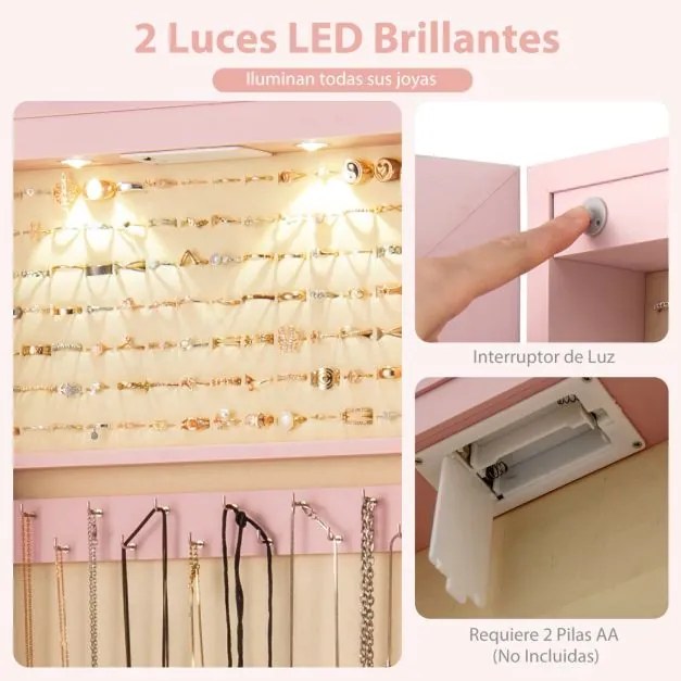 Armário de joias em madeira com espelho de parede e LED interno Organizador de porta ou parede com chave 35,5 x 10 x 120 cm Rosa