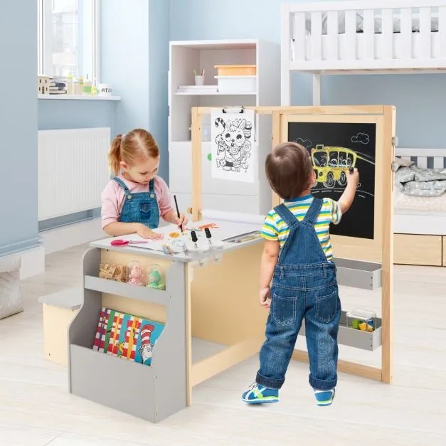 Conjunto de mesa e banco para crianças com cavalete ajustável de dupla face Quadro de giz magnético e rolos de papel substituíveis Cinzento