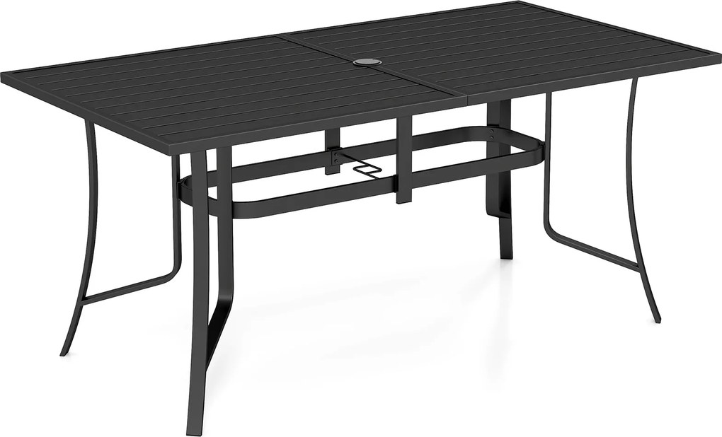 Mesa de jantar de jardim 160 x 84 x 73 cm para 6 pessoas (CADEIRAS NÃO INCLUIDAS), com ripas, orifício para guarda-sol, capacidade de carga de 150 kg,