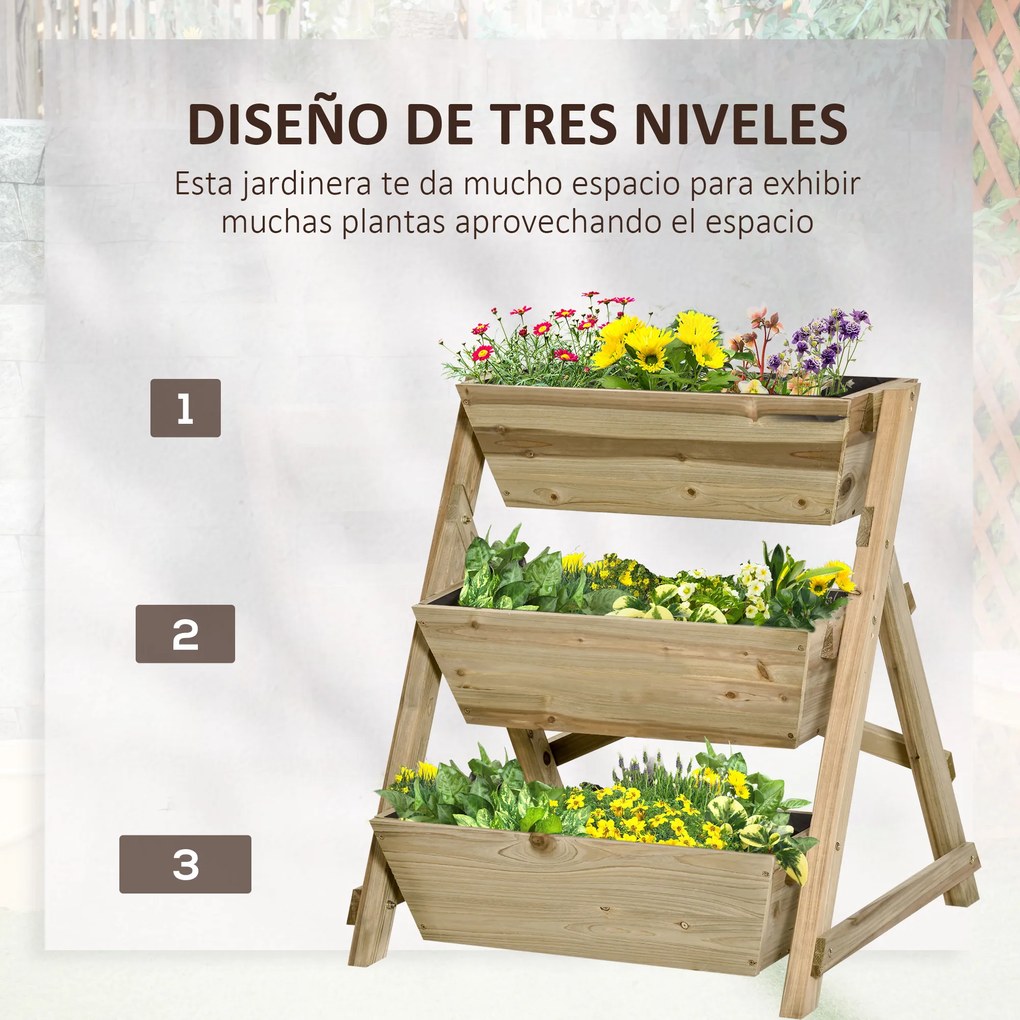 Outsunny Horta de Escada de 3 Níveis Horta de Madeira com Tecido não tecido e Orifícios de Drenagem Horta para Plantas Flores Ervas 71x61x77cm Madeira Natural