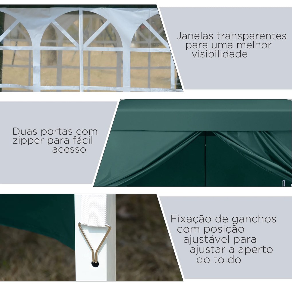 Outsunny Tenda de Jardim com Paredes Laterais Amovíveis Janelas Porta com Zíper e Bolsa de Transporte 295x295x195-258 cm Verde