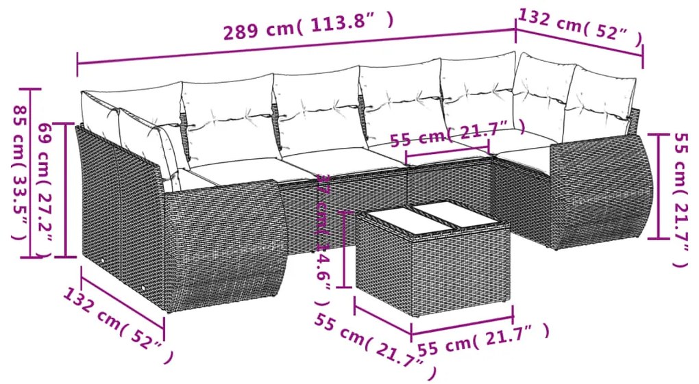 8 pcs conjunto sofás de jardim com almofadões vime PE preto