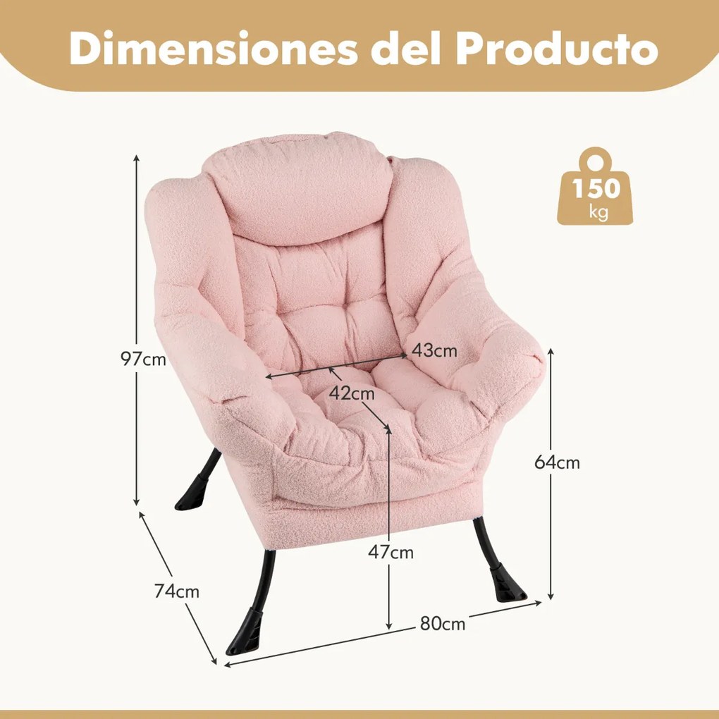 Poltrona grande estofada com almofada de cabeça acolchoada Apoios de braços e bolsa Poltrona Sofá para sala de estar Quarto Rosa