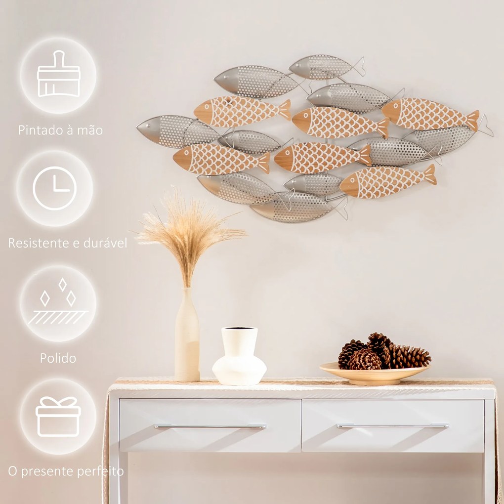 HOMCOM Decoração de Parede de Metal e Madeira 3D de Peixes 100x47cm Arte de Parede Metálica para Sala de Estar Dormitório Escritório Prata e Madeira