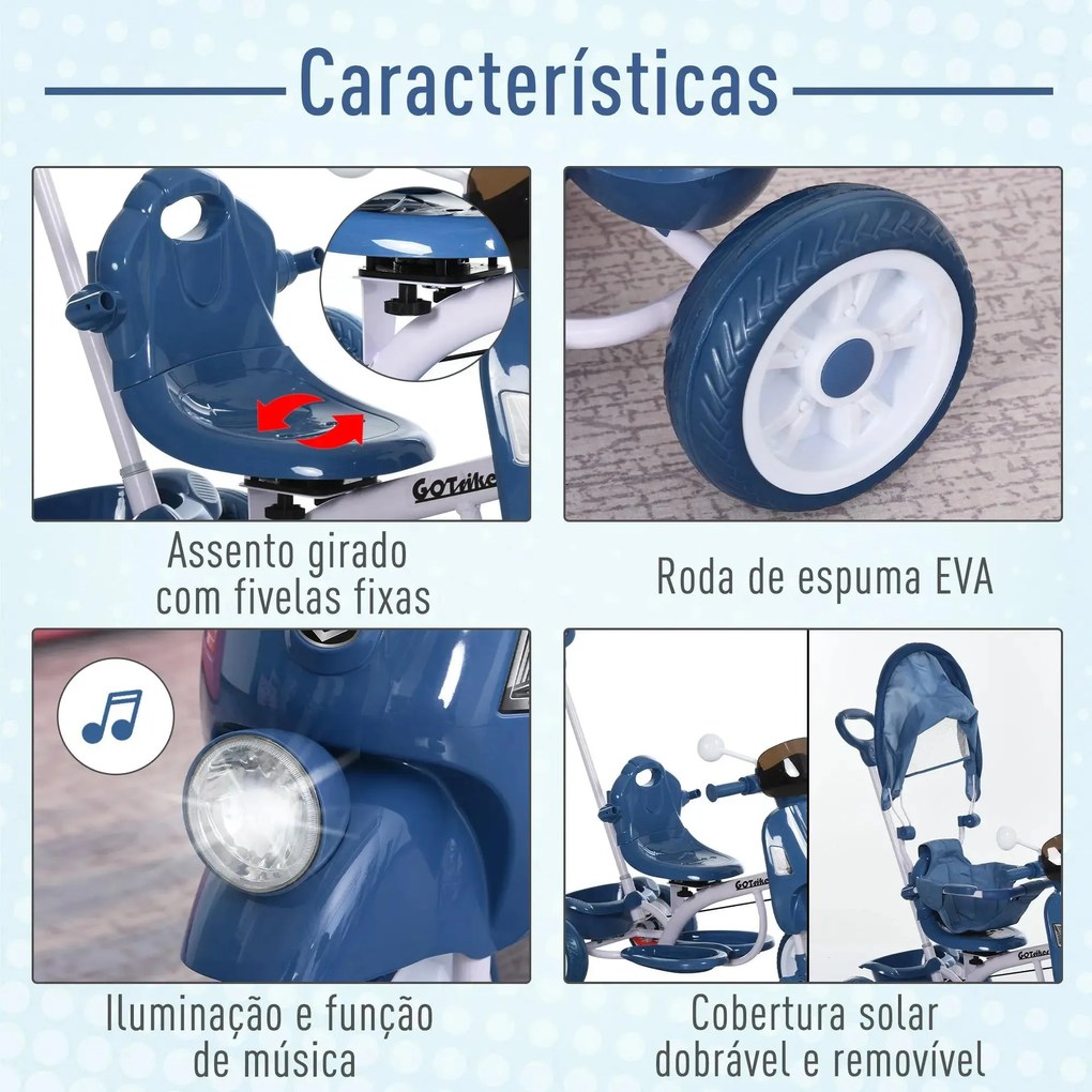 Triciclo infantil com toldo Barreira Apoio para os pés Luz e Música 93x51x94 cm Azul