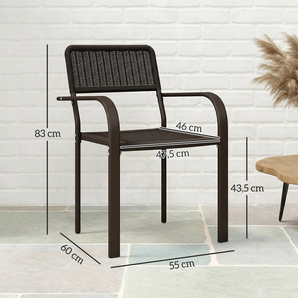Conjunto de 4 Cadeiras de Jardim Exterior Empilháveis com Apoios de Braços Encosto e Estrutura de Aço 55x60x83 cm Castanho Escuro