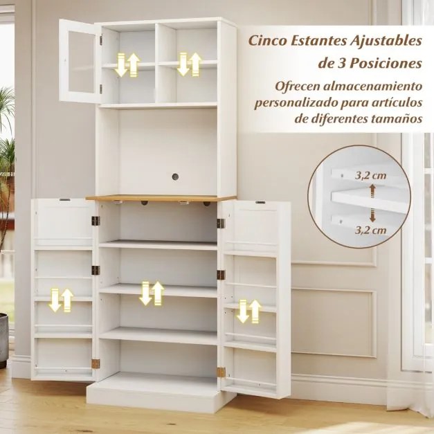 Armário multifuncional cozinha, prateleiras ajustáveis, porta de vidro 60 x 35 x 170 cm Branco