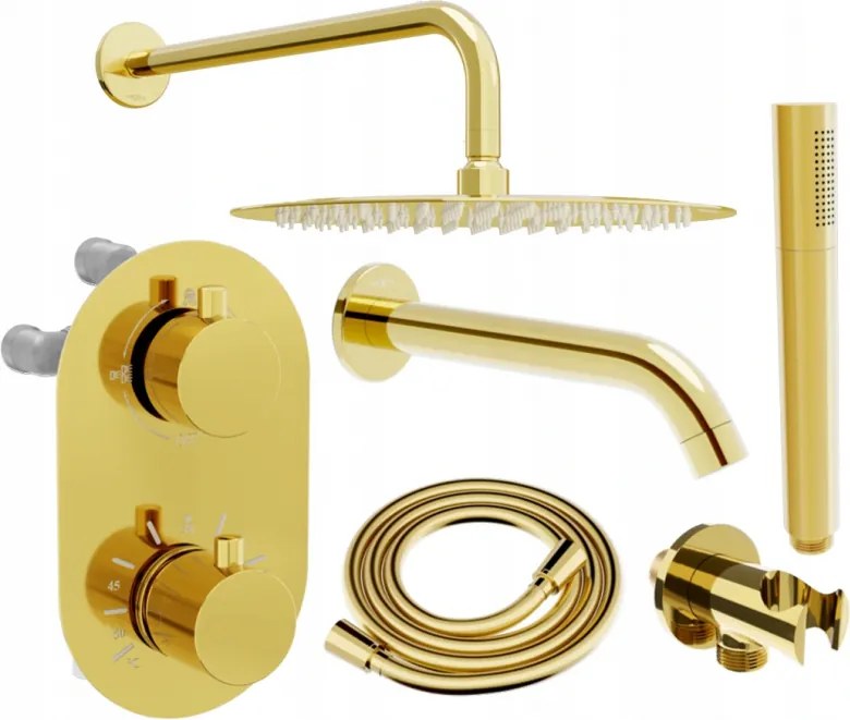 Mexen Kai DR70 conjunto de chuveiro e banheira embutido com chuveiro de teto 30 cm, dourado - 77602DR70301-50
