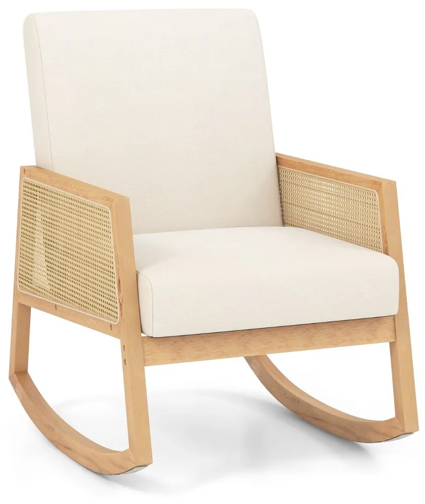 Cadeira de baloiço com almofada estofada e apoios de braços em rattan Cadeira moderna para sala de estar Quarto 82 x 65,5 x 95,5 cm Bege