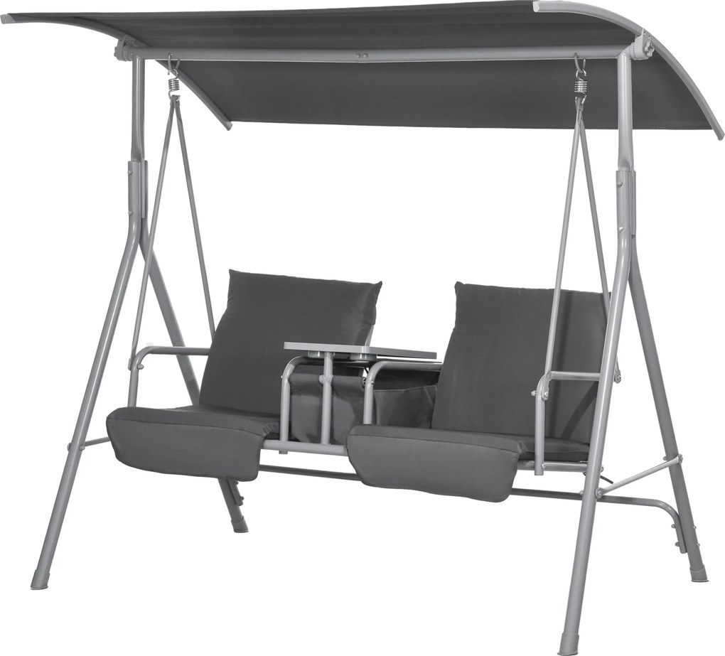Baloiço de jardim de 2 lugares com toldo inclinável, tabuleiro central e 2 suportes para copos – 175 x 112 x 158 cm – cinzento