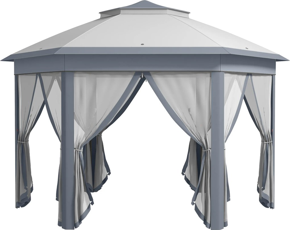 Tenda Dobrável 4x3,4 m Tenda de Jardim Hexagonal com Duplo Tecto 6 Mosquiteiras Destacáveis e Saco de Transporte Cinzento