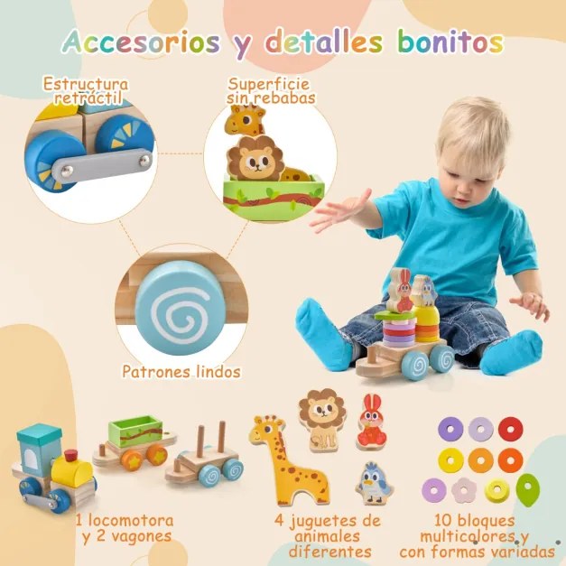 Conjunto de comboio educacional com brinquedos de animais, blocos empilháveis, carros de madeira divertidos para mais de 3 anos