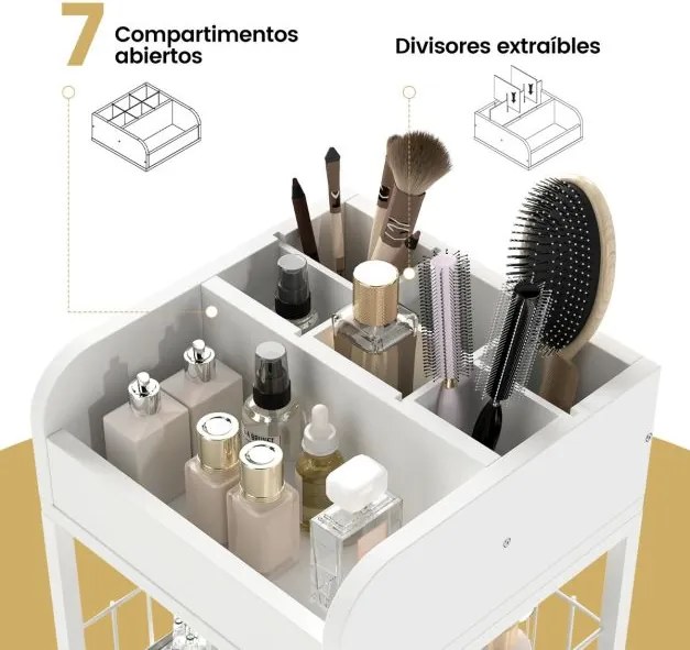 Carro organizador de cuidados maquilhagem 30 x 30 x 90 cm com a pele com gavetas e prateleiras de armazenamento com rodas Branco