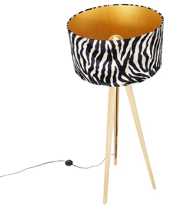 Candeeiro de pé em madeira com abajur em tecido zebra 50 cm - Tripod Classic Clássico / Antigo