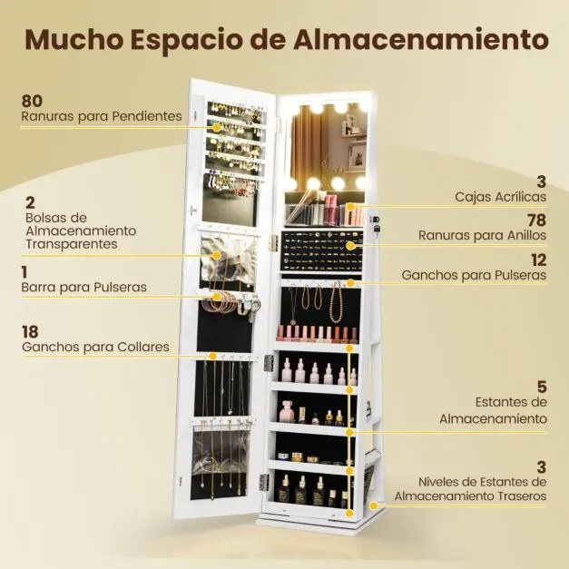 Armário giratório para joias 360°com espelho de corpo inteiro 43 x 38 x 160 cm iluminado e prateleiras traseiras 3 caixas Branco
