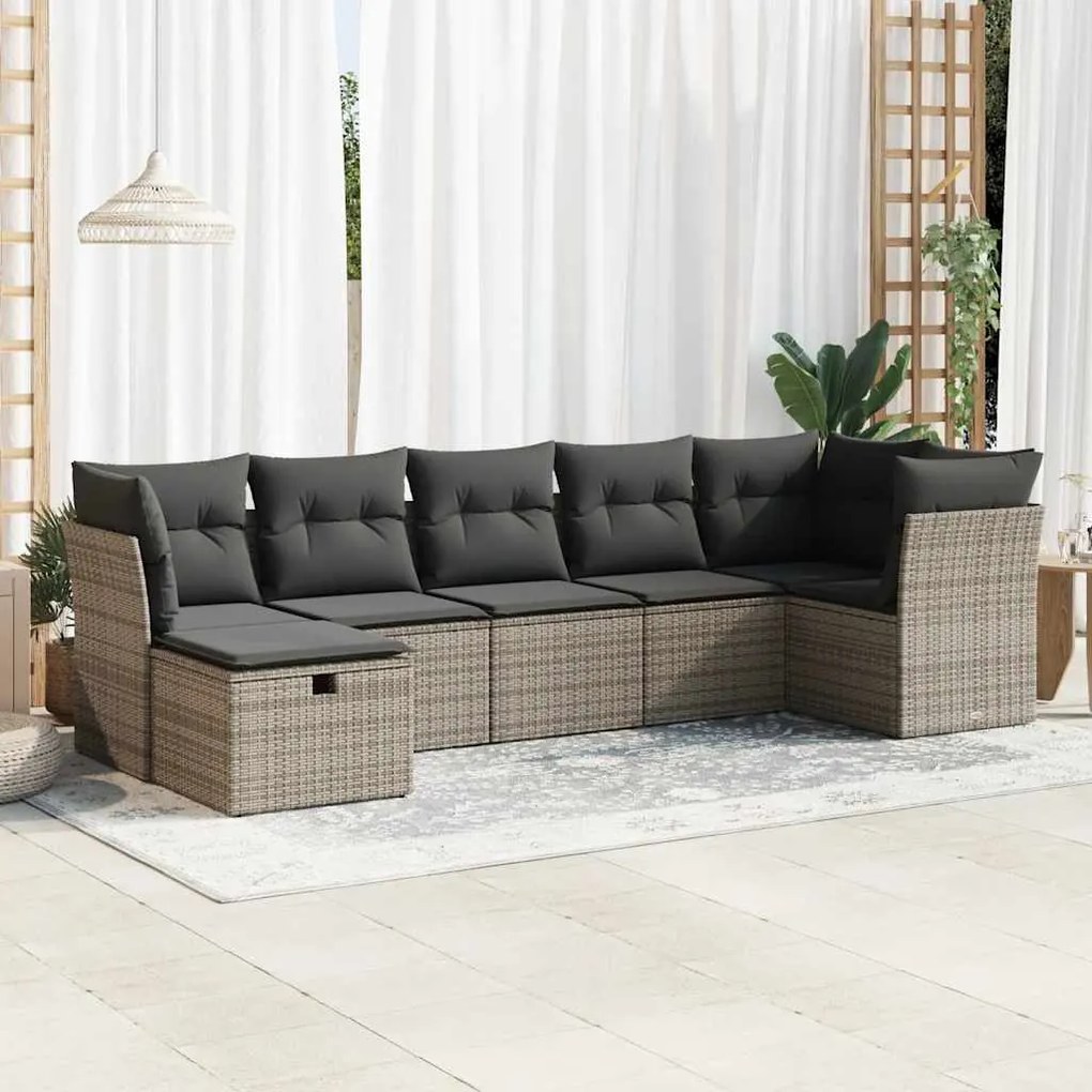 7 pcs conjunto sofás p/ jardim c/ almofadões vime PE cinzento