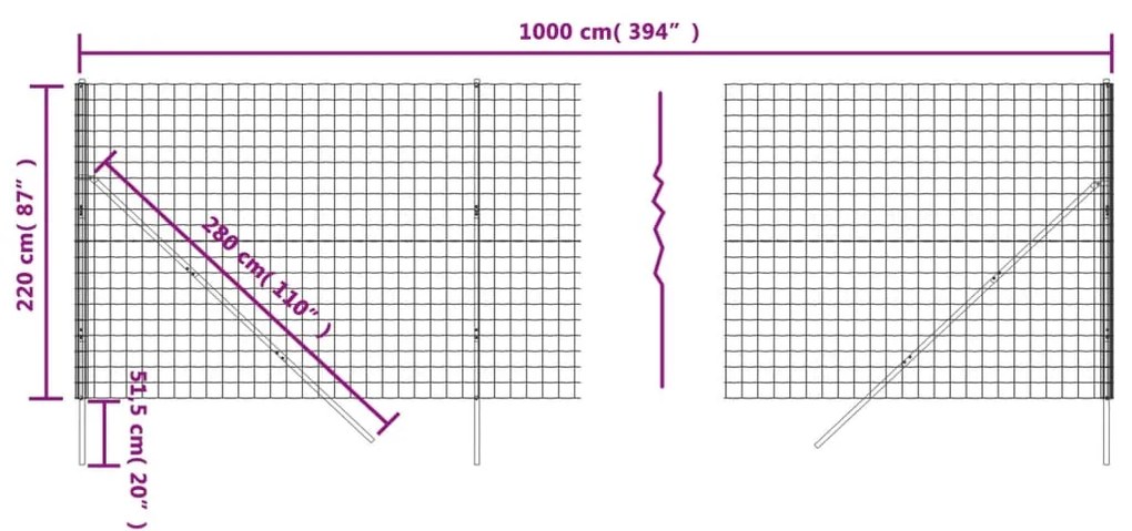 Cerca de malha de arame 2,2x10 m aço galvanizado antracite