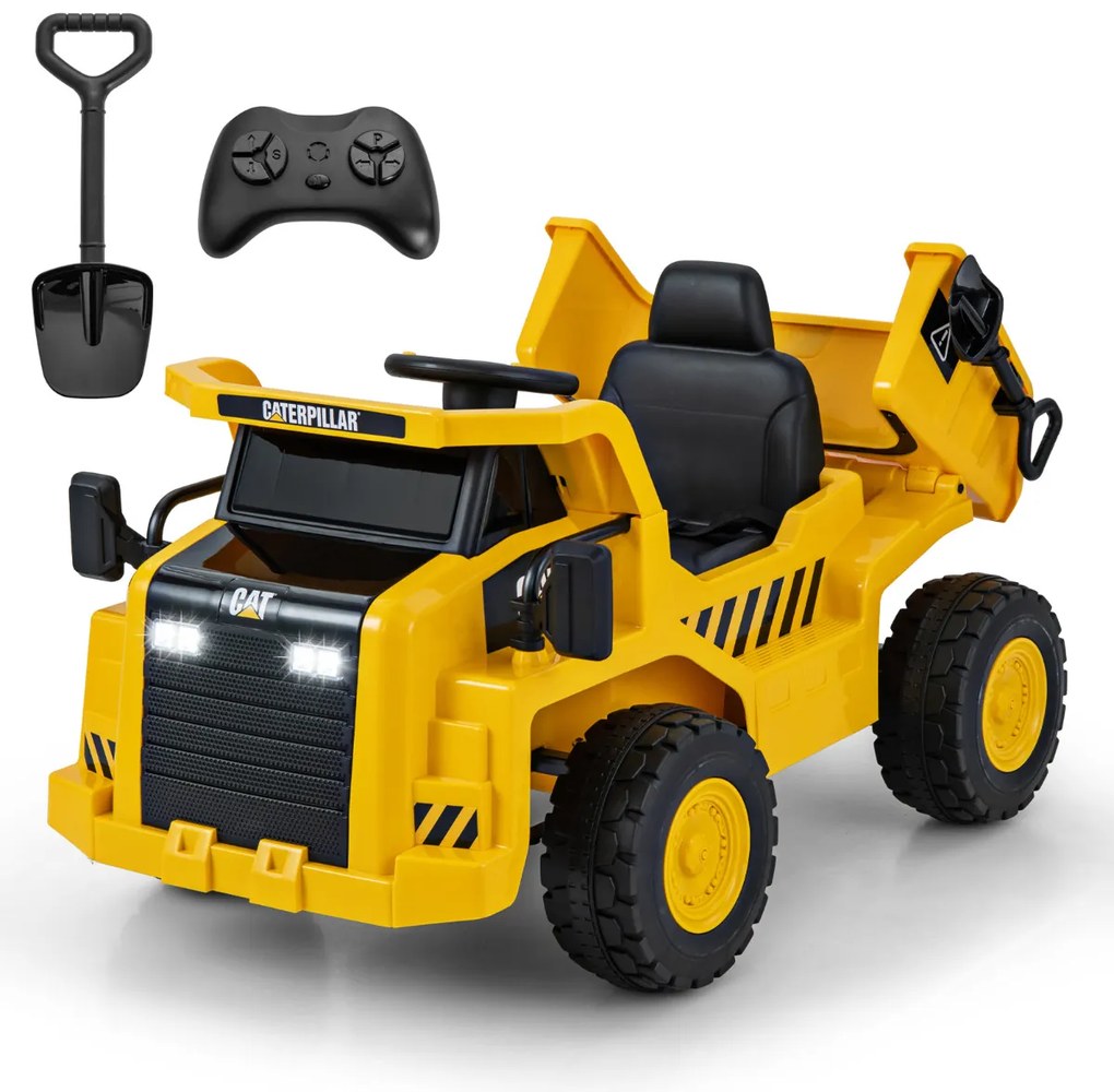 Camião Caterpillar basculante elétrico para crianças de 12 V licenciado com plataforma basculante, pega inclinada, pá de areia, luzes, música, amarelo