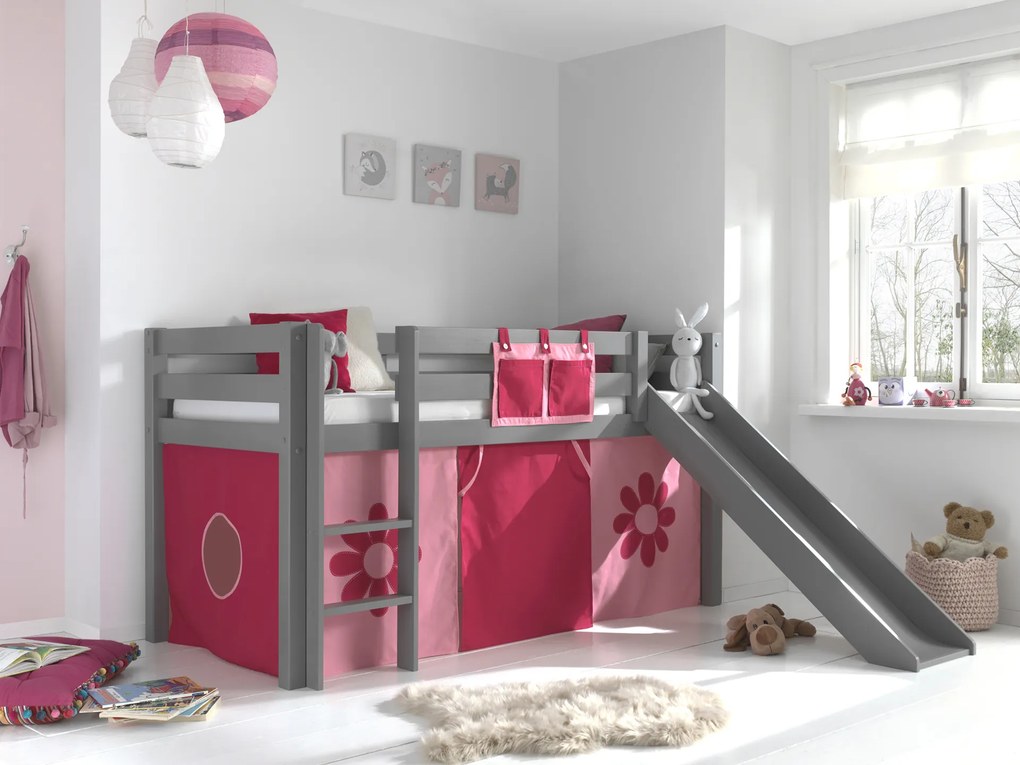 Conjunto Cama alta de Criança PINO 90 x 200 cm + estrado + escada + escorrega + cortina Flores Cinzenta