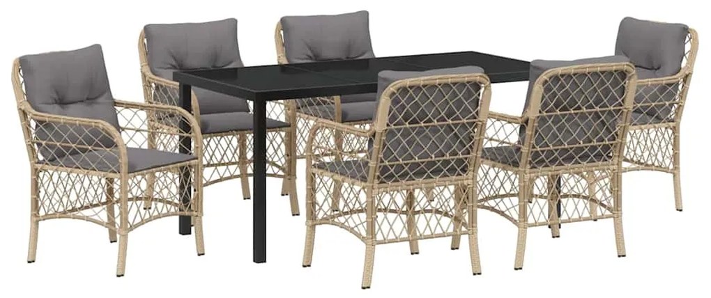 Conjunto de Jantar de Jardim com 7 Peças e Almofadas Beiges em Rattan
