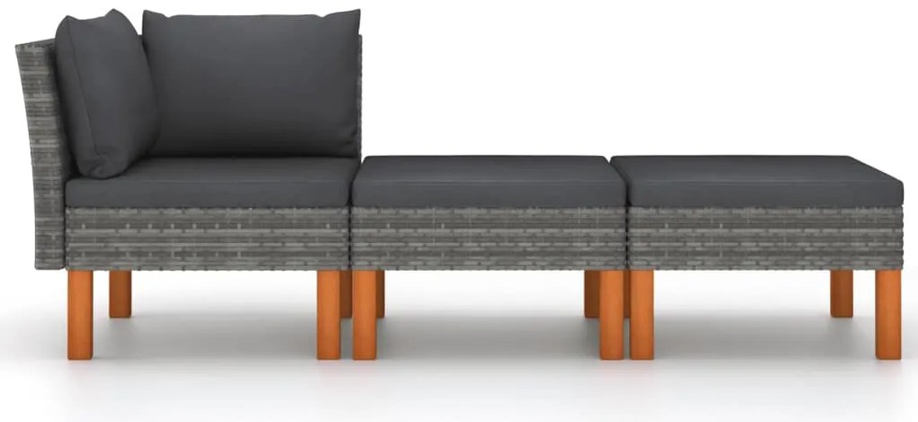 3 pcs conj. lounge jardim vime PE e madeira de eucalipto maciça