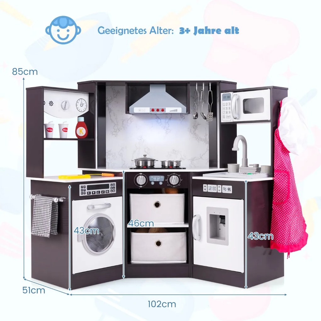 Cozinha de madeira para crianças 102 x 51 x 85 cm com luz, som, dispensador de água, máquina de lavar e acessórios, cozinha de brinquedo castanha
