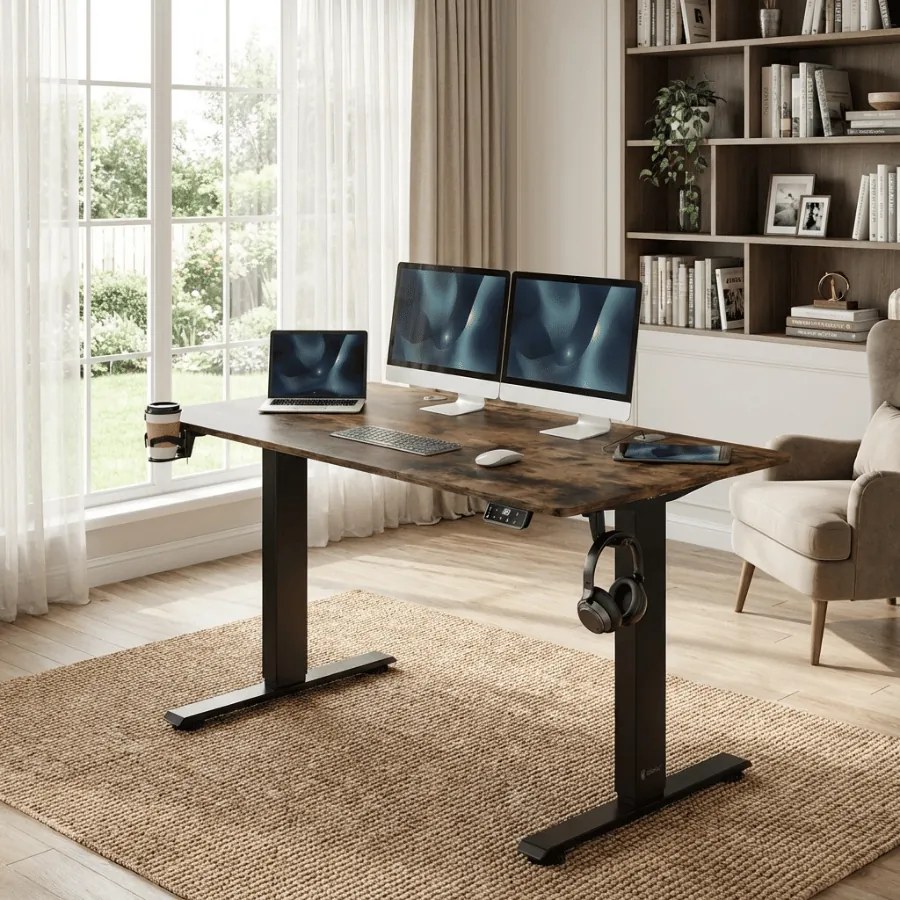 Secretária elétrica com altura ajustável 140x60x72-117 cm Castanha