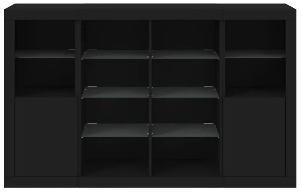 Aparadores c/ luzes LED 3 pcs derivados de madeira preto