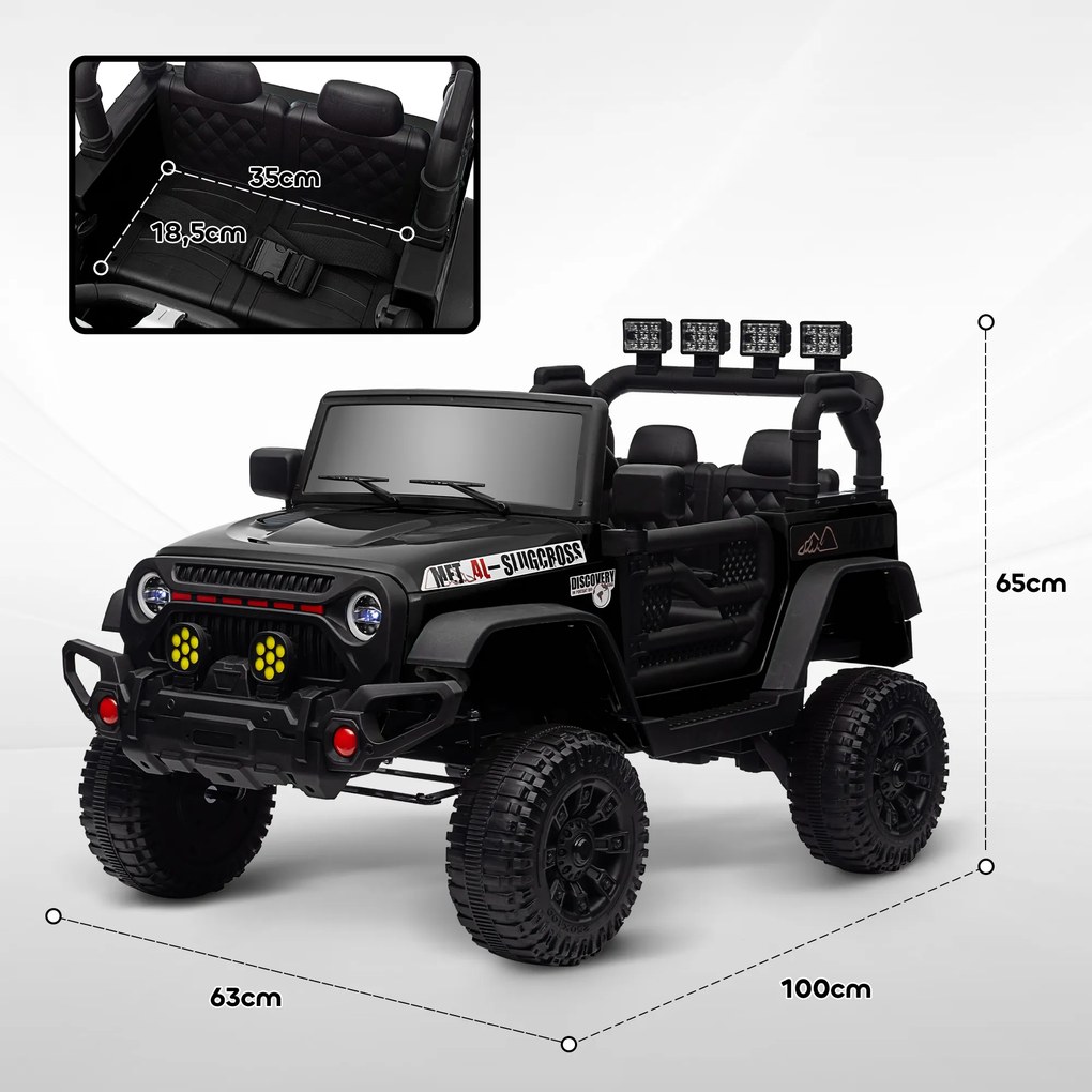Carro Elétrico para Crianças com Bateria de 12V Controlo Remoto Bluetooth Faróis LED Buzina e Música 100x63x65 cm Preto