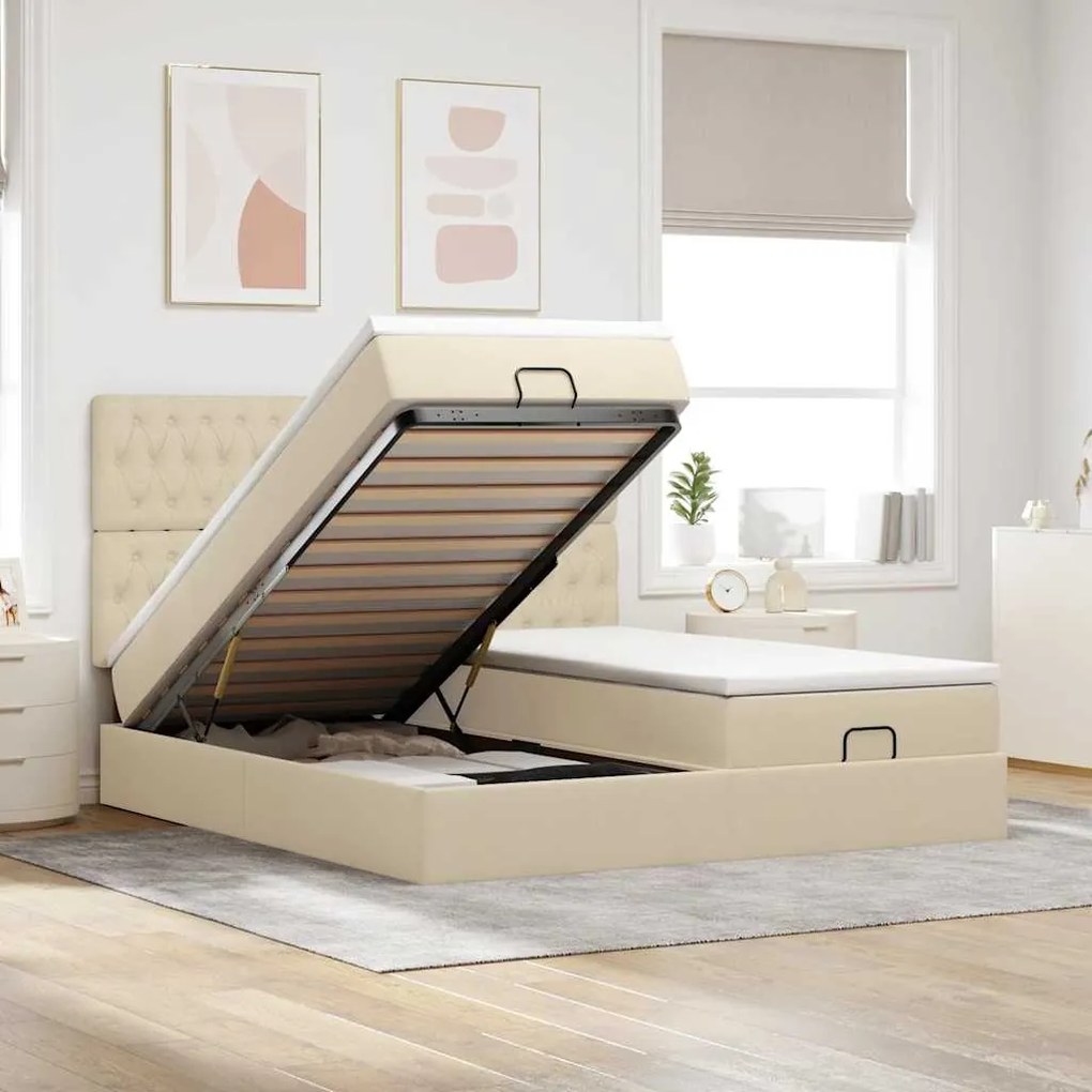 Estrutura de cama otomana com colchões tecido creme 200x200cm