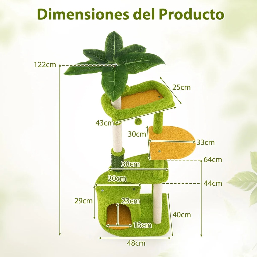Arranhador para gatos com 122 cm de altura com vários níveis e folhas artificiais com Postes para arranhar de sisal  Verde e Laranja