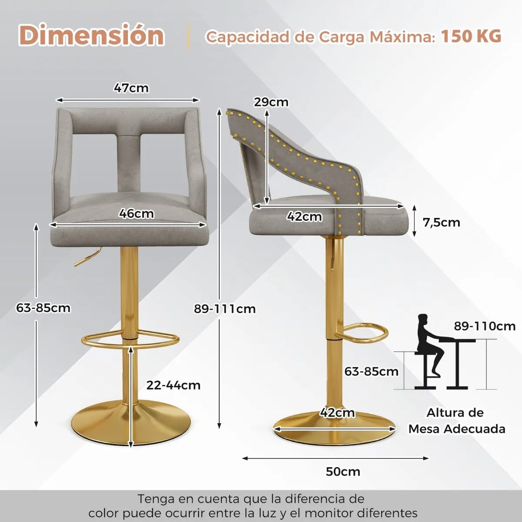Conjunto de 2 bancos de bar giratório ajustável com apoio para os pés Base metálica tipo holandeses em veludo Cinzento e dourado