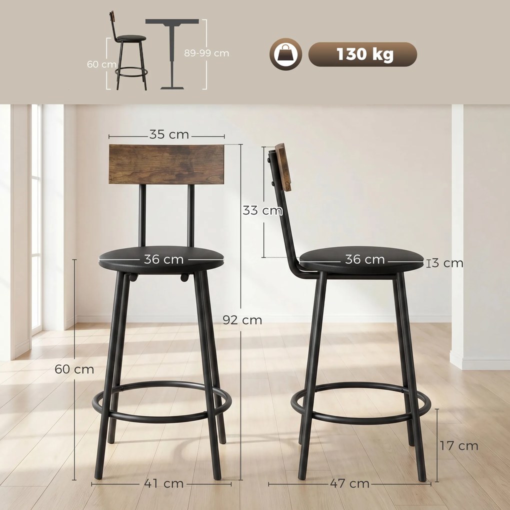 Conjunto 2 Bancos de Bar com Encosto e Apoio de Pés Estofados em PU 41x47x92 cm Preto