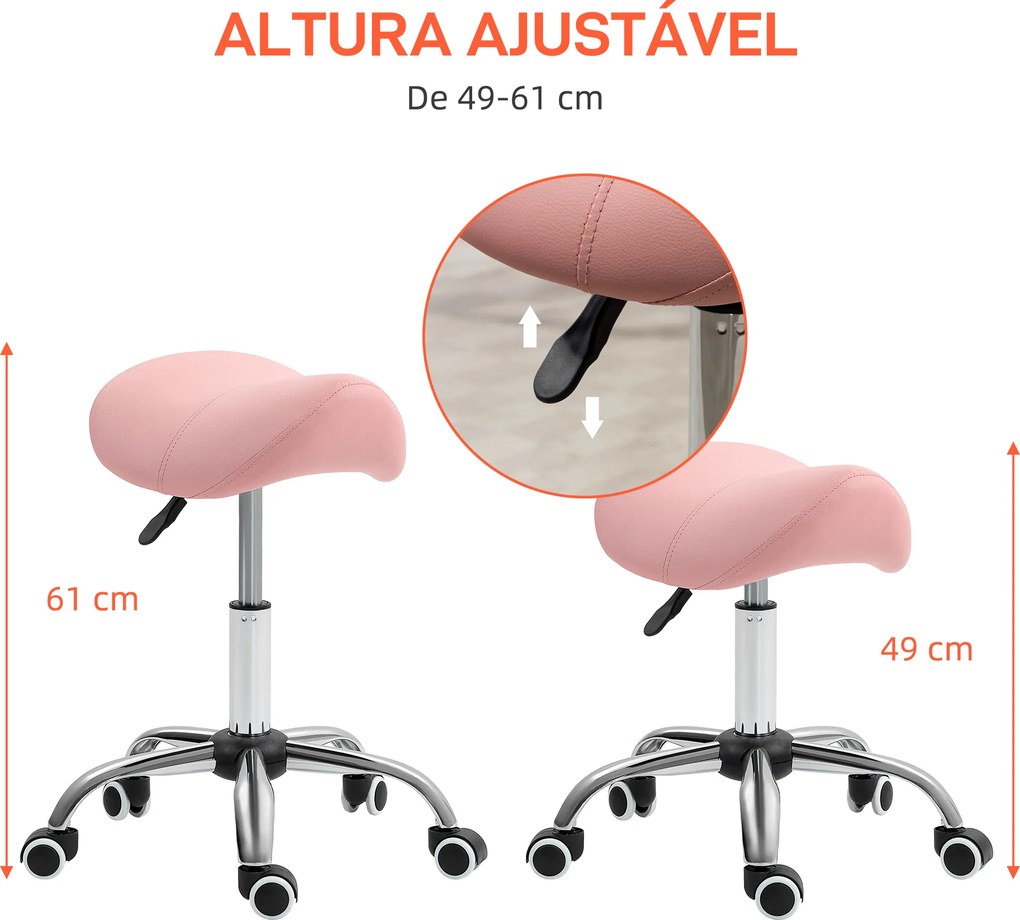 Banco com Rodas Giratório com Altura Ajustável Cosmético Dentista Cabeleireiro 52x53x49-61 cm Rosa