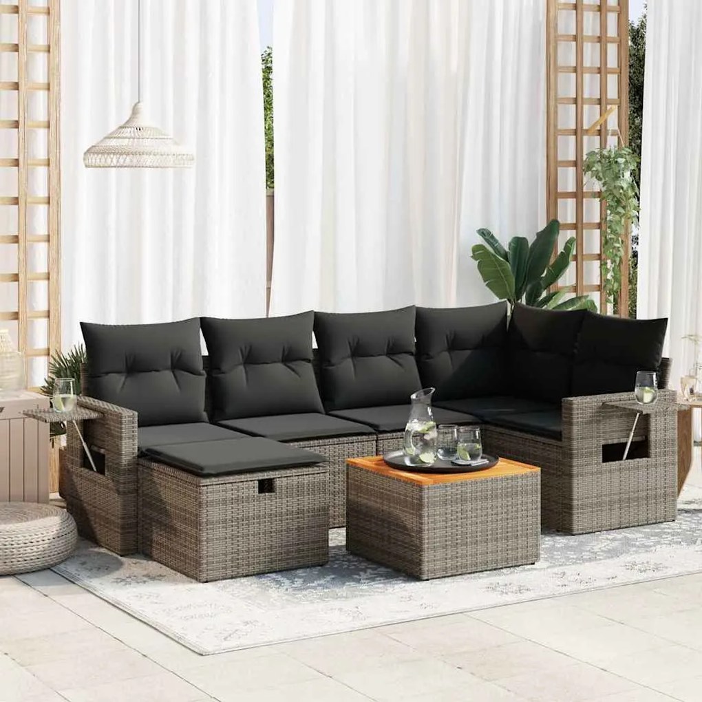 vidaXL 7 pcs conjunto sofás p/ jardim c/ almofadões vime PE cinzento