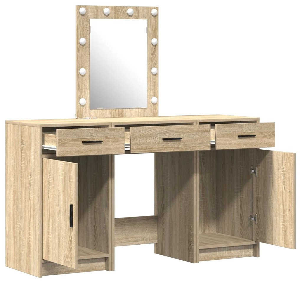 Conjunto de Mesa de Maquiagem 3 Peças com LED em Carvalho Sonoma e Mad