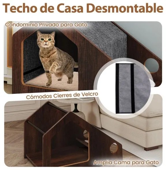 Casa de madeira para gatos 60 x 40 x 40 cm de interior com comedouro Teto removível e estrutura metálica  Castanho