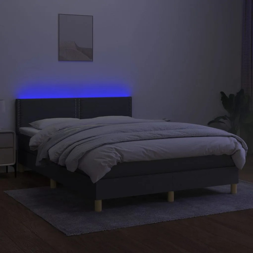 Cama box spring c/ colchão e LED 140x190 cm tecido cinza-escuro